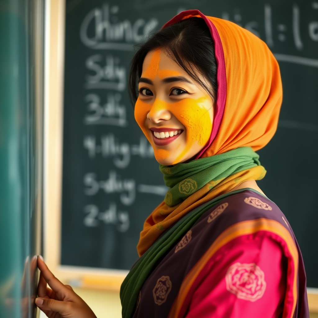 slim, 30 year old, sexy, chinese female school teacher, saree, scarf head, turmeric face mask. She is smiling and teaching on a blackboard