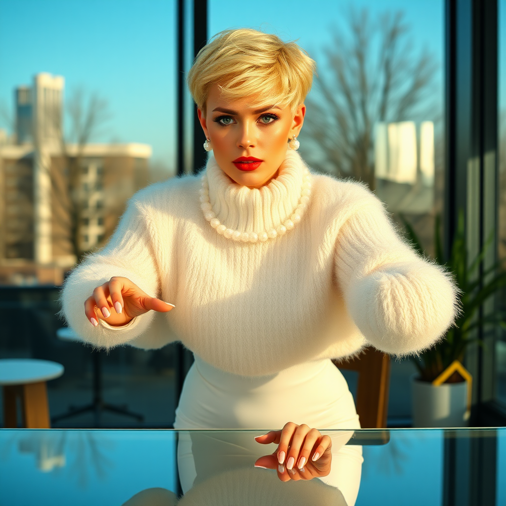 Sunny spring morning, modern glass-steel-concrete office, standing behind glass desk: Ana, European 17 years old very convincing femboy “trophy-bimbo”, tamed servile docile, very beautiful feminine flawless face, rather short boyish figure, platinum blond short tight curls, bold red lips, heavily made-up face, long French nails, wearing Supertanya-style chunky fluffy very fuzzy bright white plushy mohair figure-hugging turtleneck-knitdress with white pearl decoration, white vinyl thigh-high boots with golden heels, pearl earrings, serious, leaning forward hands on desktop presenting her assets, arrogantly looking at camera. Focus on face and turtleneck-poncho.