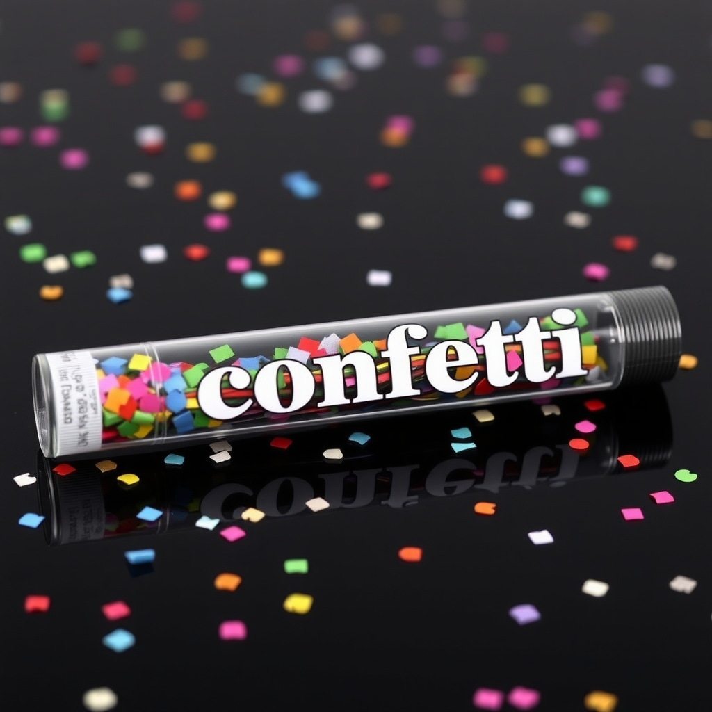 A photo of a glass fat transparent plain uniform confetti popper tube with colorful confetti inside and with text "confetti" on it, lying flat at an angle on black glossy surface, with confetti around it, white bold text with a black border, reflections on the tube glass, tube closed from both ends.