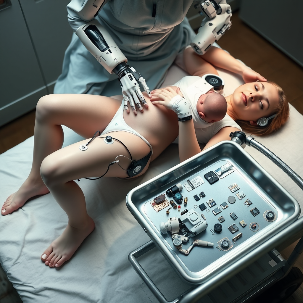 A photograph of a female cyborg giving birth to a baby. She is lying on her back and her legs are parted, while a cyborg midwife is gently pulling the baby out of her. Next to them is a metal tray on a trolley. Inside the tray are small cybernetic implants, chips, a small robot arm.