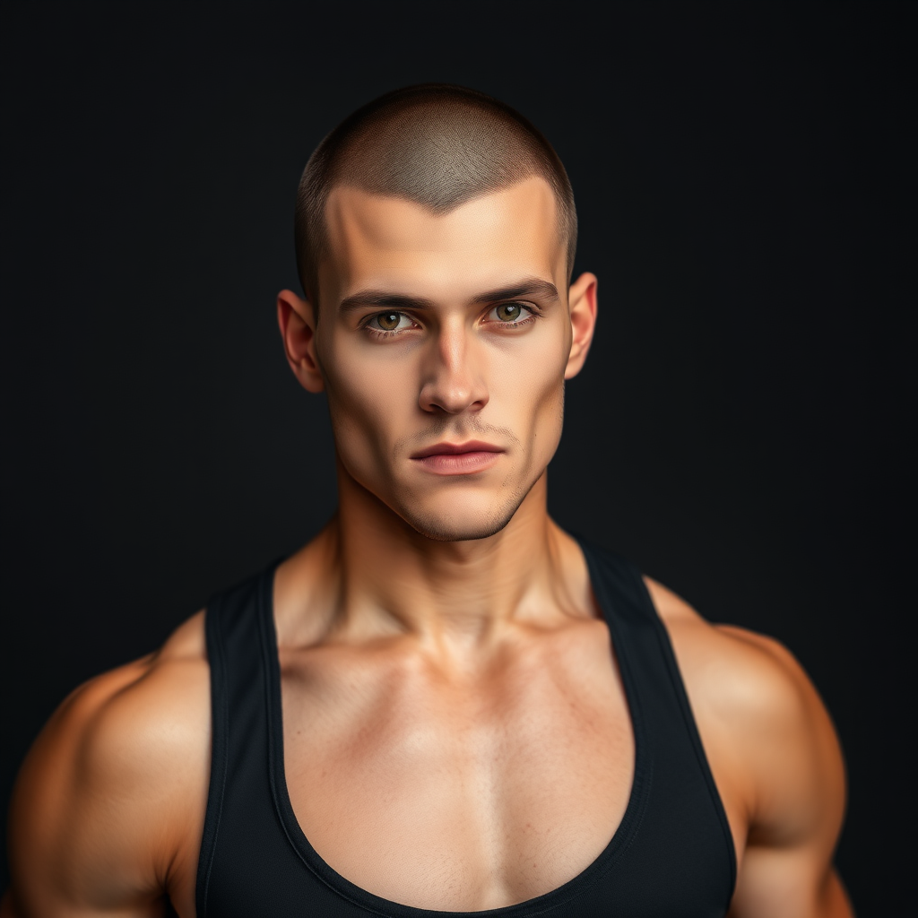 A strong-looking handsome guy with a buzz cut, wearing a black tank top, showing his upper body, no oily feeling.