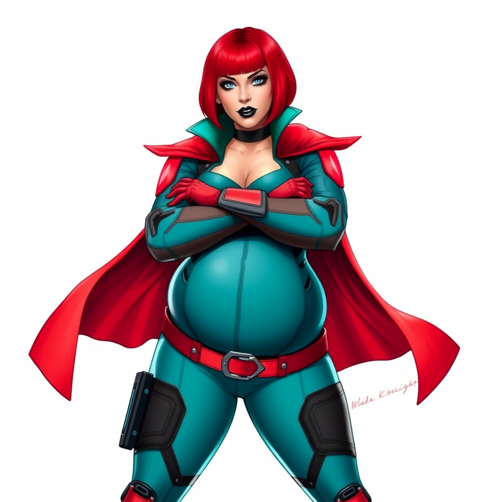 A 26-year-old, heavily pampered, full-figured, mystical vigilante detective ally of her cyberpunk vigilante older brother figure with a bright red bob cut, black lipstick, and piercing bright blue eyes. She has a new non-athletic build, now highlighted by a prominent, round, gargantuan midsection (with the full emphasis on her gargantuan belly), which shows the aftermath of her pampering. Despite her new physique, she displays her usual confidence. She wears a large, high-tech, tight-fitting, maximum turquoise biker suit (accentuating her gargantuan belly), complemented by a glowing neon red cape and high-tech red gloves. Her stance is firm and resolute, arms crossed, exuding a no-nonsense attitude. Her costume reflects the influence of DC New 52 Prime Earth’s Phantom Lady, Jennifer Knight, while her pose embodies the moral ambiguity and determination reminiscent of DC’s Pax Americana’s The Question. She is on a solid white background. She is drawn as if she was in a retro 2D cyberpunk fighting game. She is clearly non-athletic, with a focus on her full-figured physique. Her belly is fully bloated to emphasize her non-athletic figure. Make sure that her biker suit covers all of her bare skin (especially her gargantuan midsection).