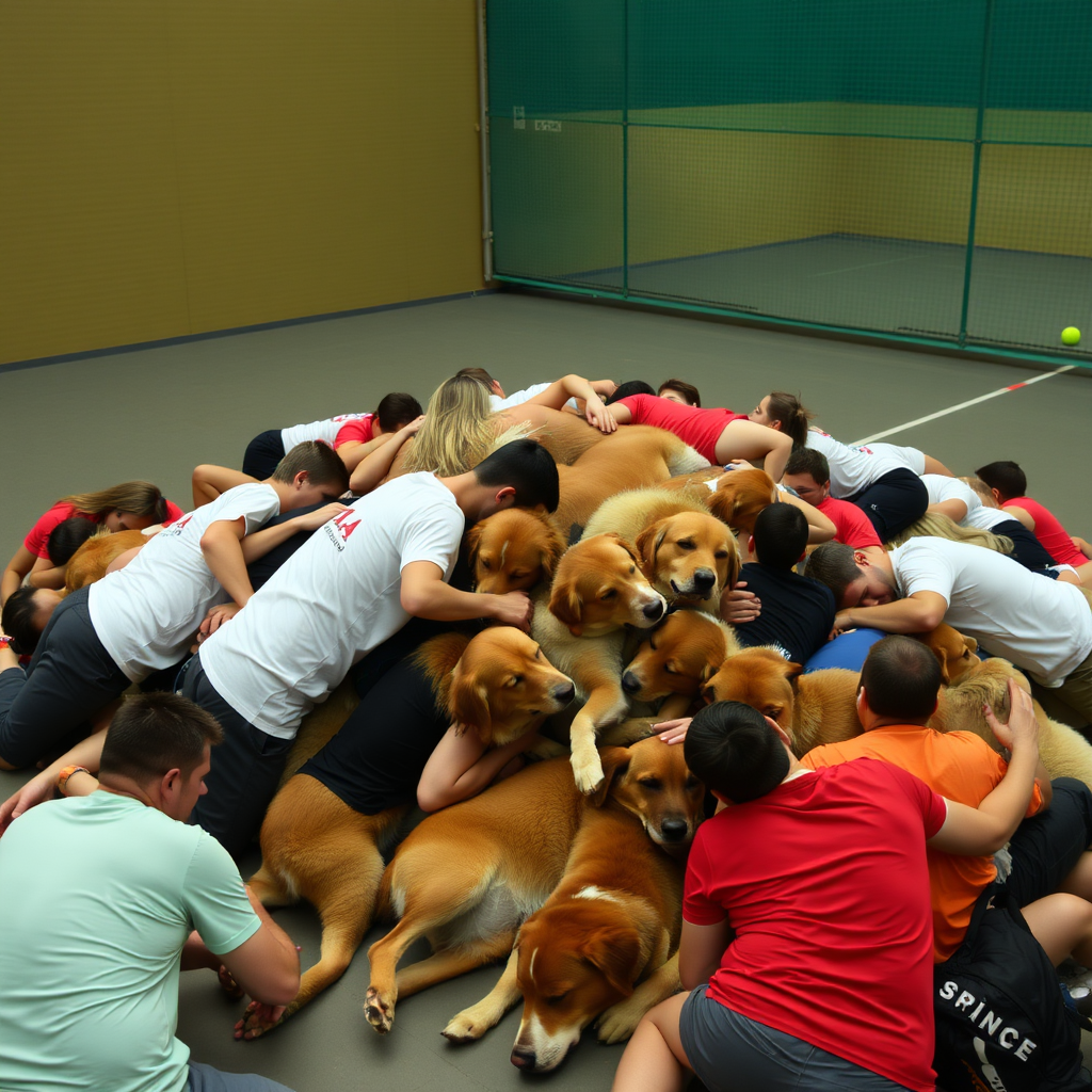 A pile of humans, dog pile, squash court, squash rackets, sleeping people,