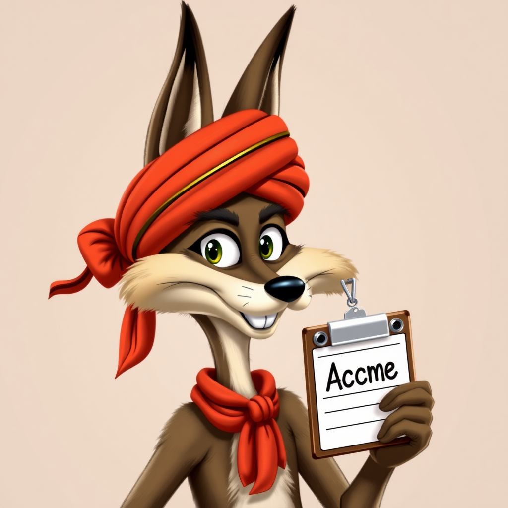 Wile E Coyote, wearing a turban, holding a pager that is branded Acme