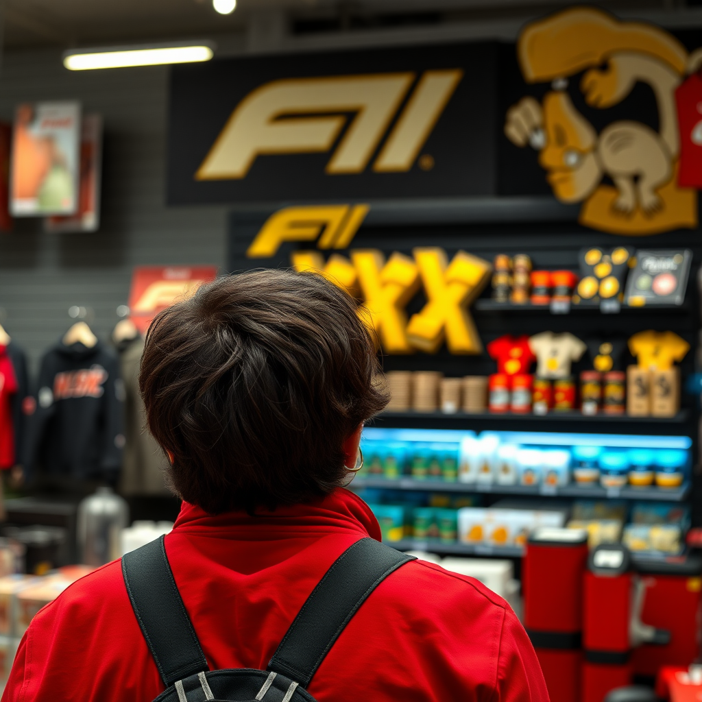 create an image of person staring at store that has f1 merchandise