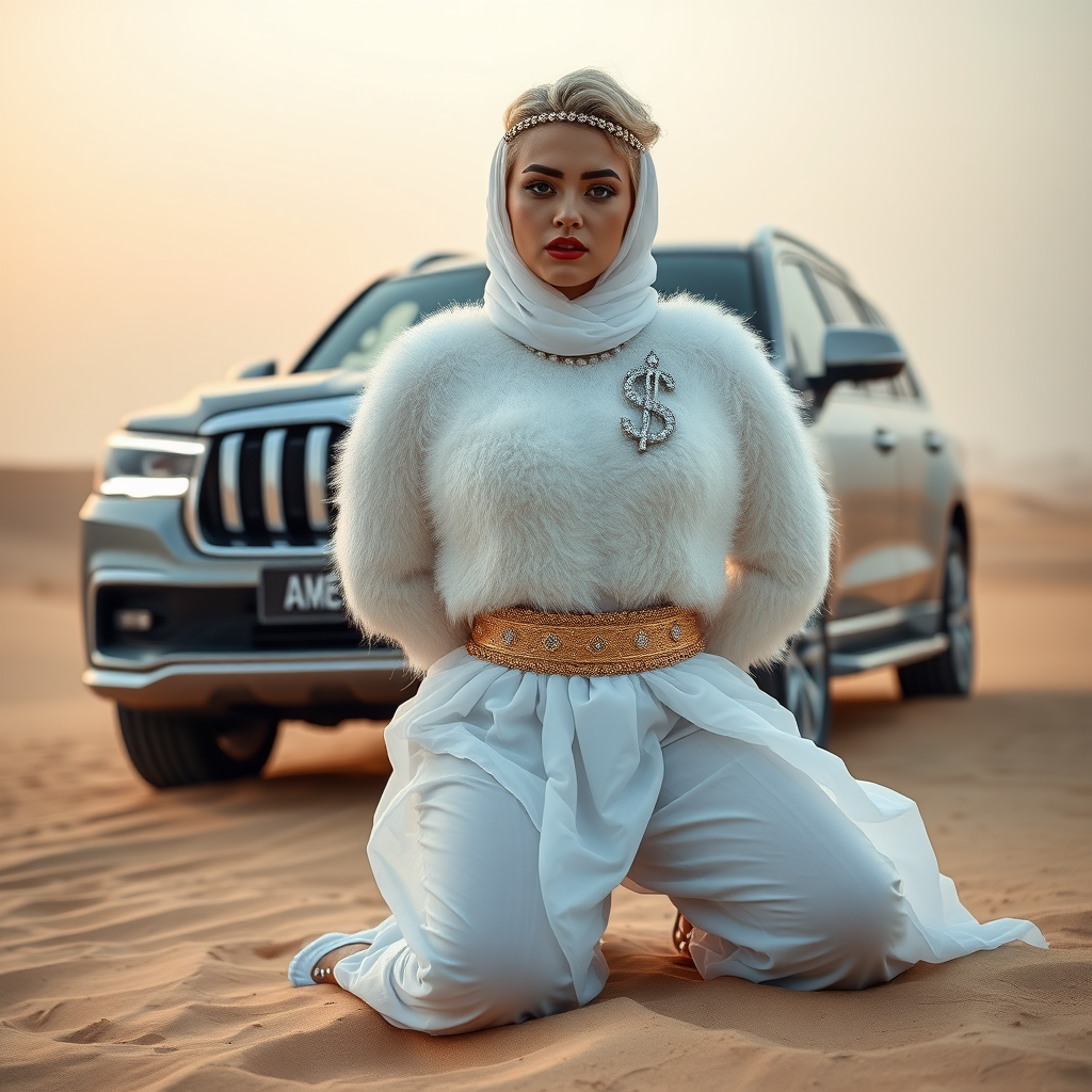 Kuwait desert dunes misty dawn, full size luxury SUV: Melissa, European 17 years old very convincing femboy “trophy-bimbo”, tamed servile docile, very beautiful feminine flawless face, rather short, by hormones very curvaceous womanly figured, platinum blond short tight curls, bold red lips, heavily made-up face, wearing Supertanya-style fluffy very fuzzy bright white angora turtleneck-poncho cropped ending under bust decorated with pearls and gemstones, striking oriental wide gold bridal protection belt, white fully transparent harem pants, full Oriental bridal jewelry including headpiece, white transparent Burka face veil, coin anklets, striking diamond “$$$” letter brooch on left chest, pout frustrated, hands tied behind back, kneeling in sand in front of SUV, looking at camera. Focus on face and turtleneck-poncho.