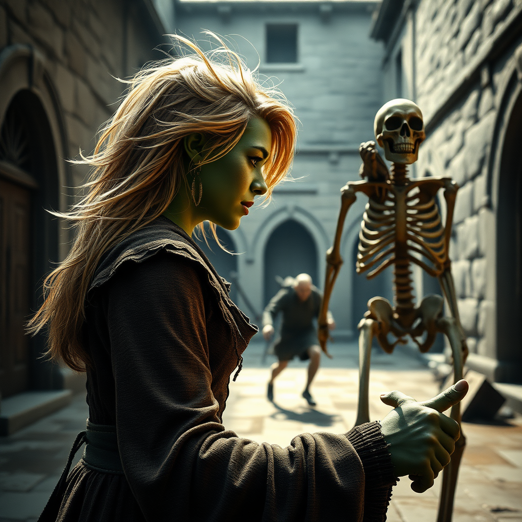 A full body shot of a pretty twenty-something female orc wizard with a face resembling (ana de armas). green skin. facing towards a skeleton a skeleton warrior that is running toward her, she casts a magic spell at it, striking it in the head. strawberry blonde messy shoulder length hair tussled by wind. inside a courtyard. Hyper-realistic, Photorealistic digital matte painting, soft focus, film grain, lens flare. gritty, dirty, scuffed.