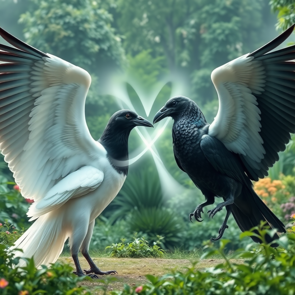 a huge white dove and a huge black crow standing facing each other within a clearing in an incredible lush garden, slowly flapping their powerful wings. The beak of the dove is touching the beak of the crow. There is a large abstract infinity symbol of wavy, transparent light energy that intersects at the beaks and covers the entire bodies of the birds