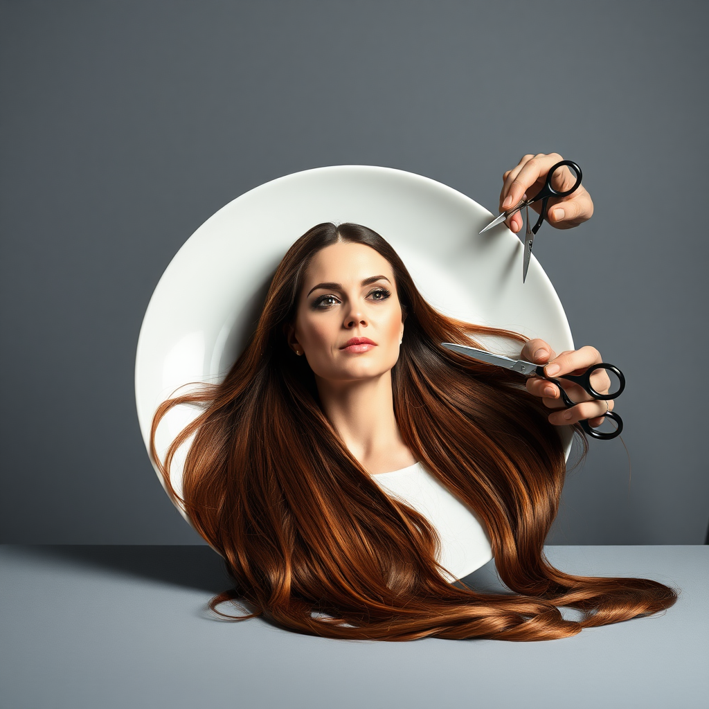 In a strikingly surreal scene, a beautifully crafted porcelain plate holds the disembodied head of a graceful Kate Middleton, her long, flowing hair cascading around like a luxurious waterfall of silky strands, shimmering in various shades of deep chestnut. Each hair seems to catch the light, creating an almost ethereal glow. Nearby, a meticulous hairdresser, dressed in a sleek black apron, carefully snips away at Kate's locks with precision scissors, their actions fluid and deliberate, emphasizing the delicate artistry of the moment.

The setting boasts minimalist decor, with a plain gray background that heightens the focus on this bizarre tableau. Soft shadows play across the smooth surface of the plate, enhancing the haunting beauty of Kate's serene expression, which conveys both elegance and an uncanny sense of stillness. The atmosphere is a blend of surreal calm and unsettling intrigue, pulling the viewer into a dreamlike space where reality and imagination intertwine. Gentle noises of scissors softly clipping away hair are the only sounds in this peculiar yet captivating scenario, heightening the tension and drawing viewers into this striking juxtaposition of beauty and the bizarre.