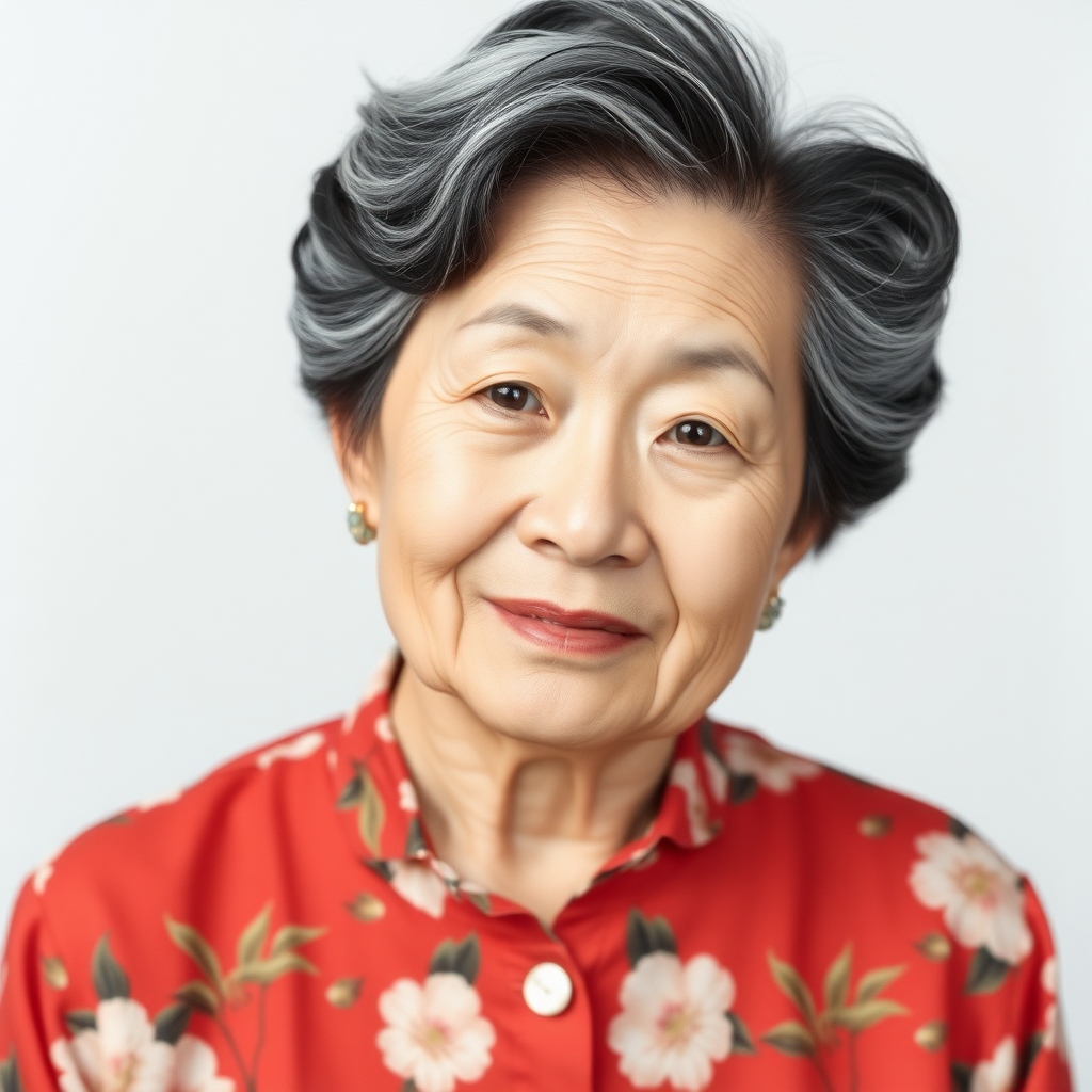 80 age old korean woman, front, flower shirt, photo studio background, Short permed hair, black and white hair