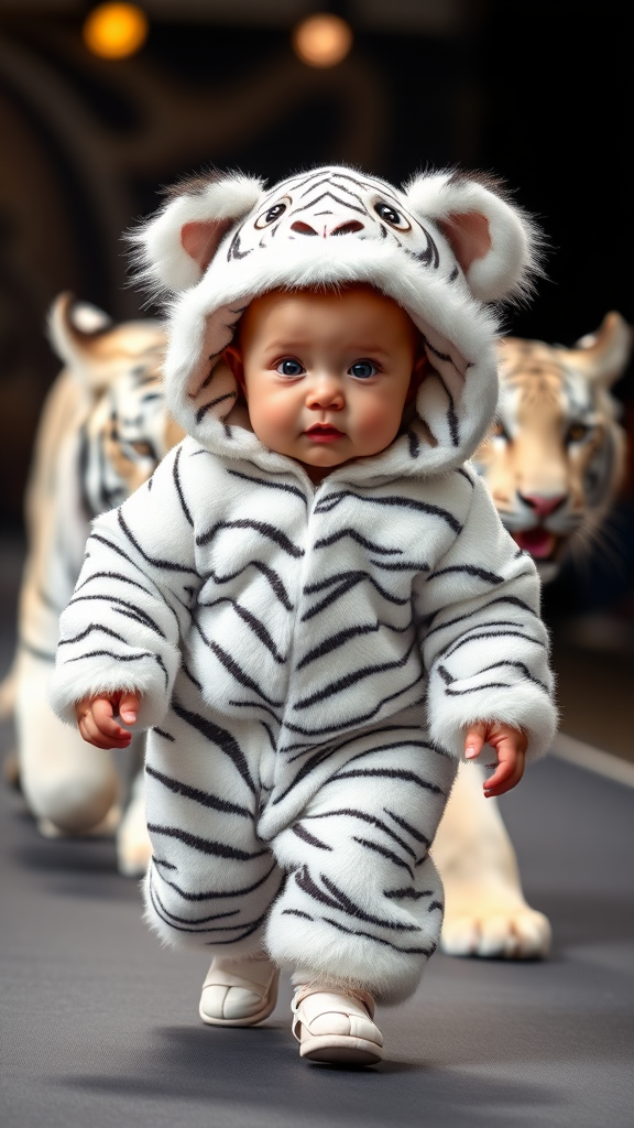 A cute small chubby fair baby with big eyes, pink lips, and pink cheeks wearing a furry cozy white tiger costume doing a ramp walk in a fashion show, walking with a real white tiger.