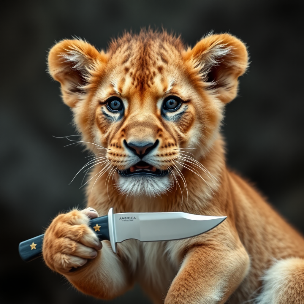 Lion cub holding an American knife