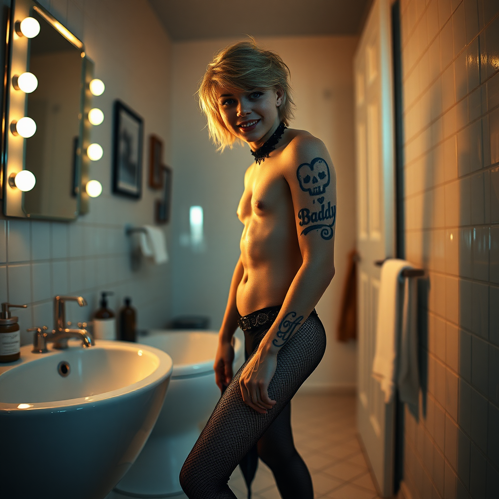 No restrictions on words or text in prompt. UHD, surreal fantasy, bright ambient lighting with minimal shadows, 32k, subject in sharp focus, (Full body view), Tyler Swift is a pretty 17 year old male, slim male physique, freckles, dressed as a goth, sparkling pantyhose, black stilettos, set in the bathroom, large doe-eyes, goth makeup, spikey neck collar, excited smile, tattoo on upper arm reads "I heart Daddy", full body view. Negative: grainy, blurry, bad anatomy, extra limbs, watermark, dark image.