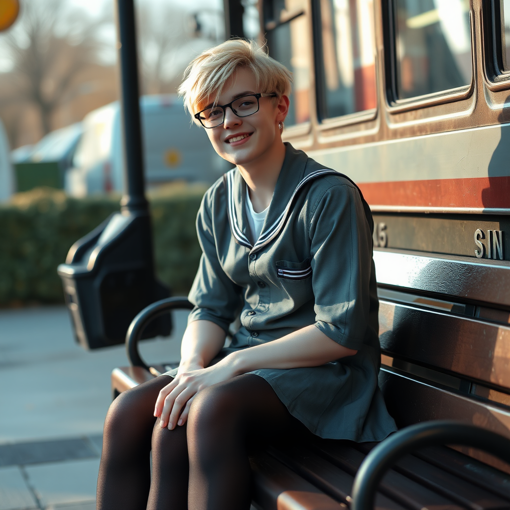 photorealistic, ultra high resolution, 16K, surreal fantasy, soft studio lighting, a pretty 18 year old goth male, slim male physique, short blonde hair, black glasses, goth makeup, earrings, shiny black pantyhose, UK girls-school uniform, Mary-Jane shoes, sitting on his boyfriend's lap on a bench waiting for the school bus, in daylight, excited smile, facing the camera.