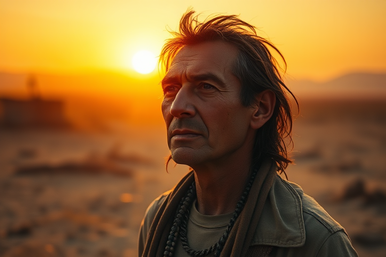 A weathered Native American man stands resiliently in a desolate, post-apocalyptic landscape, reminiscent of a Terrence Malick film, with warm, golden hour light casting long shadows behind him, illuminated by a low-placed, diffused sun, and subtle, cool fill light on his face, accentuating his sharp, angular features and worn, earthy skin tone, his dark, piercing eyes gazing out into the horizon, as if searching for hope, with a subtle, determined expression etched on his face, amidst the ruins of a once-thriving world, with a shallow depth of field and a touch of film grain, evoking a sense of grit and realism.