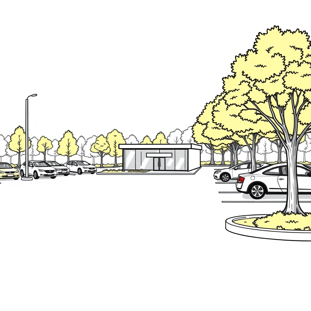 small company parking lot, borders, trees, wood outskirt, long establishing shot, 2D, caricature, cartoon, Sketch lines, coloring book, coloring book style on white background, well composed, clean coloring book page, No dither, no gradient, strong outline, No fill, No solids, vector illustration, realistic proportions, left side view