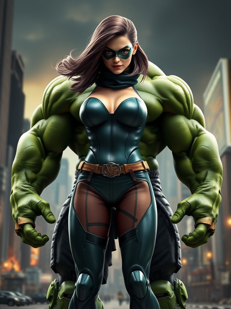 Create a hyper-realistic full-length render featuring Marvel Comics character Rogue with the body shape of The Hulk, while keeping her head intact. Modify her body traits to reflect Hulk's muscular build, including increased size and definition. Set the scene in an appropriate background that complements both characters, such as a vibrant comic book cityscape or an iconic battleground. Ensure the lighting captures the dramatic essence of the characters, highlighting their unique features and the intensity of the scene. The final render should evoke a sense of power and action, consistent with the superhero genre.