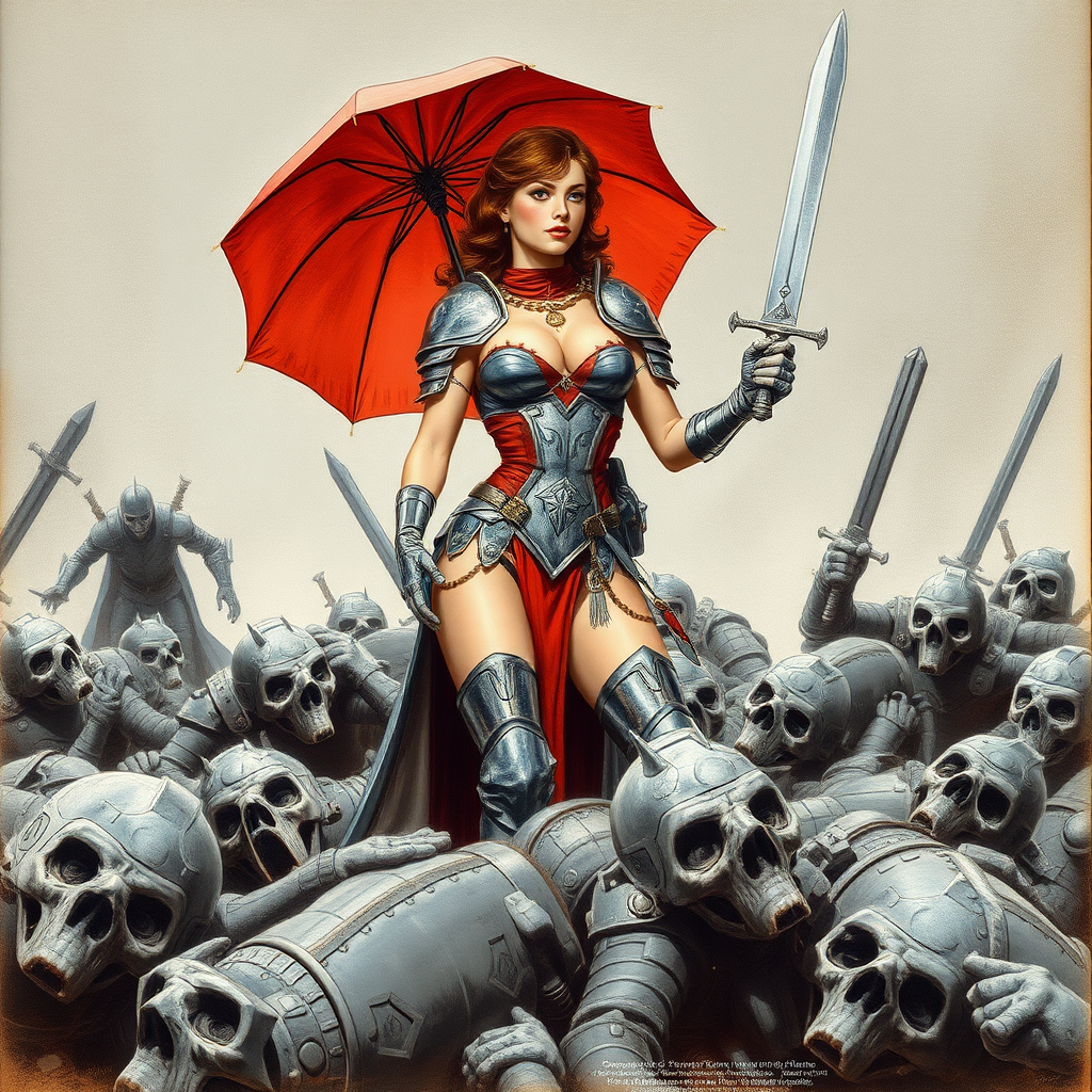 Mary Poppins in bikini armor. She's surrounded by fallen foes. She has a sword. The drawing is by Frank Frazetta.