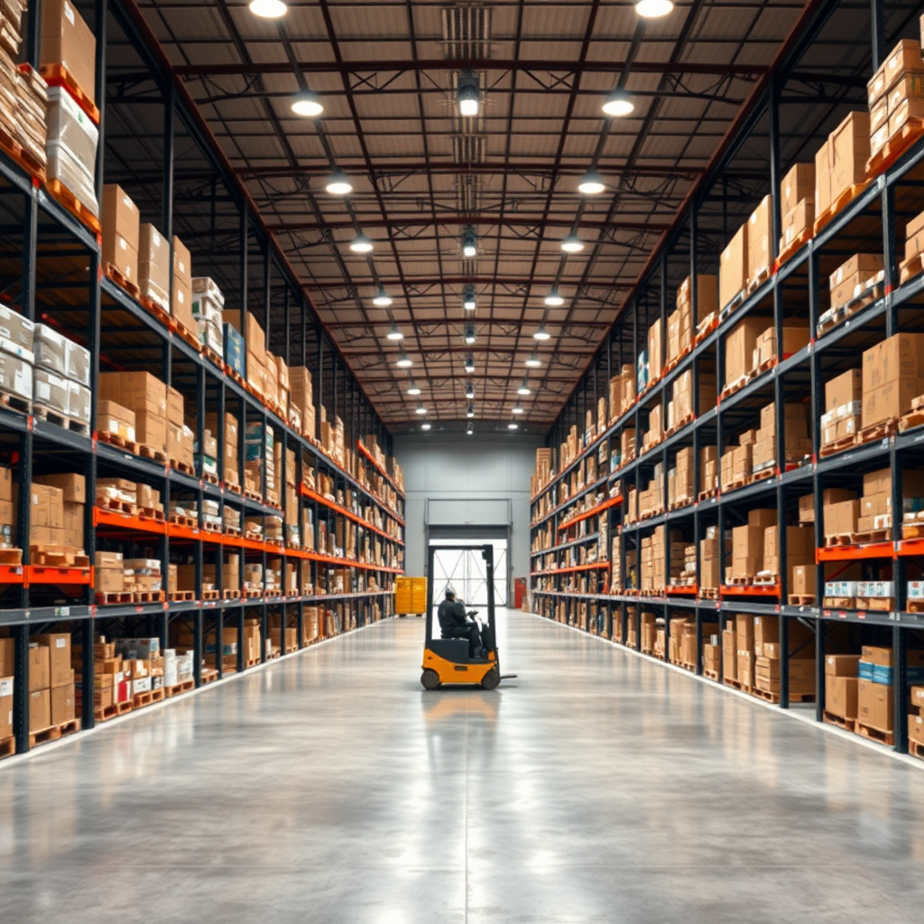 Create a high-resolution photo of a modern warehouse interior. The scene should include tall shelves filled with various boxes and products, a spacious layout with clear concrete pathways, and bright overhead lighting. Include a forklift without an operator and a partially open gate in the distance. The overall atmosphere should convey efficiency and organization, with a clean and professional look. Do not include text, do not include humans.