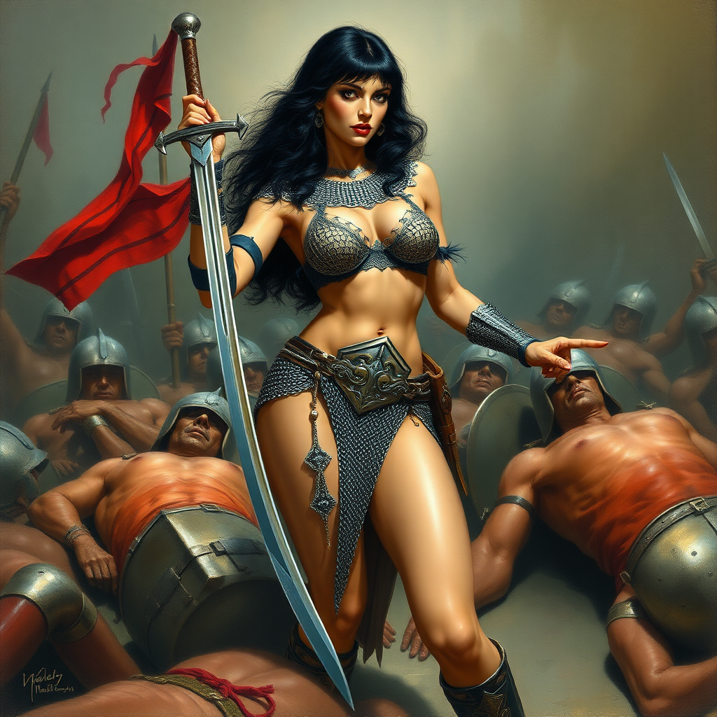 Vampirella wearing bikini chainmail. She carries a short sword and is surrounded by the bodies of fallen soldiers. Painting style of Frank Frazetta.