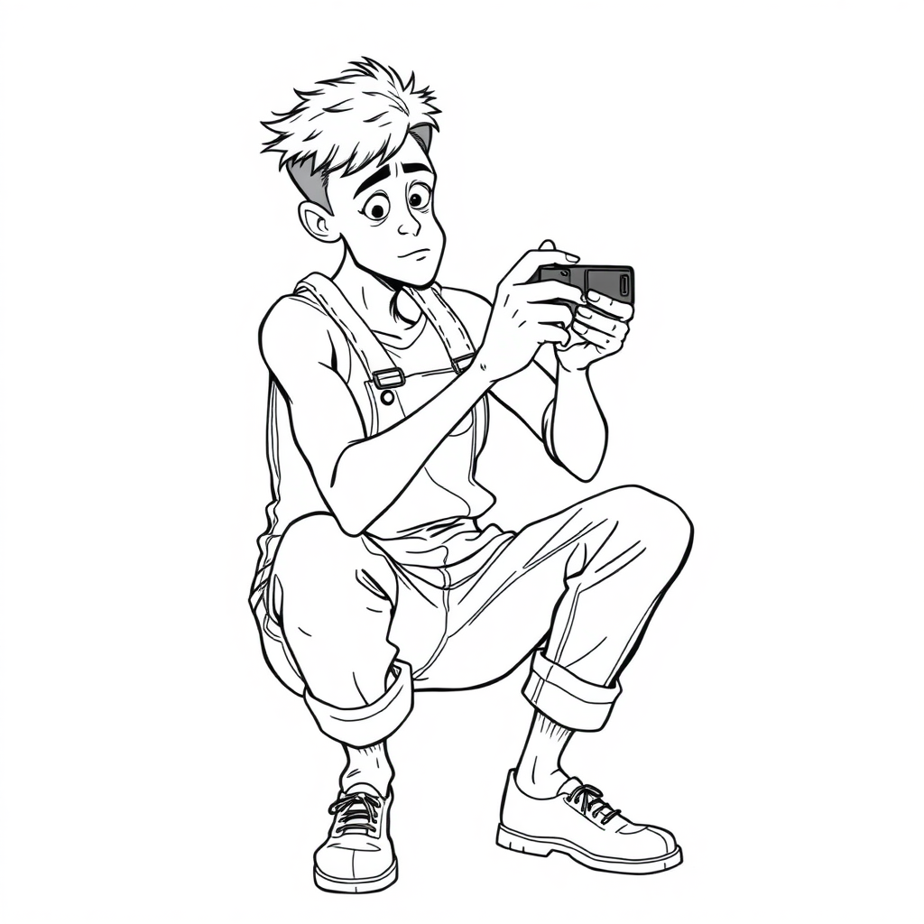 shy nervous small 18 year old european skinny man, coveralls, tense fabric, taking a picture, squatting, fascinated, side view, detailed feet, 2D, caricature, cartoon, Sketch lines, coloring book, coloring book