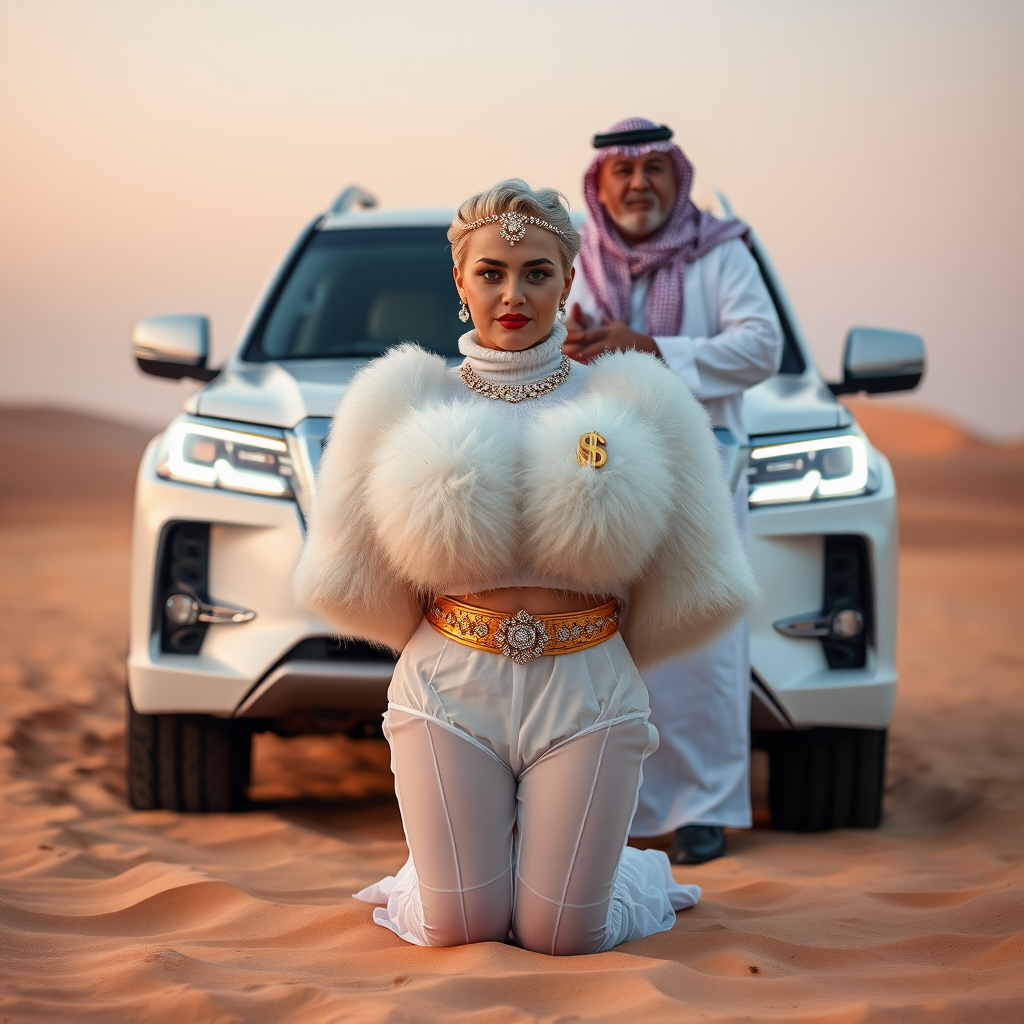 Kuwait desert dunes misty dawn, full size luxury SUV: Melissa, European 17 years old very convincing femboy “trophy-bimbo”, tamed servile docile, very beautiful feminine flawless face, rather short, by hormones very curvaceous womanly figured, platinum blond short tight curls, bold red lips, heavily made-up face, wearing Supertanya-style fluffy very fuzzy bright white angora turtleneck-poncho cropped ending under bust decorated with pearls and gemstones, striking oriental wide gold bridal protection belt, white fully transparent harem pants, full Oriental bridal jewelry including headpiece, nose-ring, coin anklets, striking diamond “$$$” letter brooch on left chest, pout frustrated, hands tied behind back, kneeling in sand in front of SUV, looking at camera. Focus on face and turtleneck-poncho. Standing behind Melissa: older overweight tall proud sheik, approvingly padding Melissa.