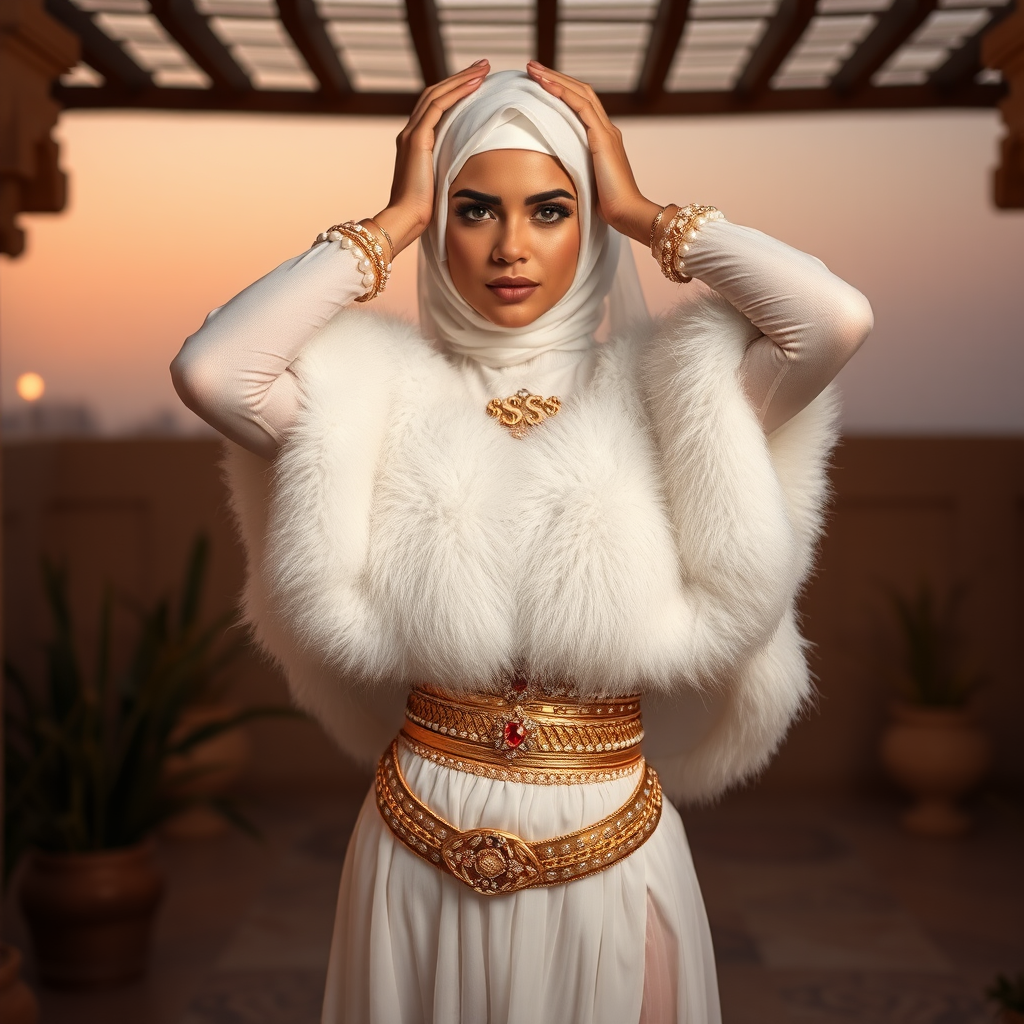 Kuwait desert palace harem patio misty dawn: Melissa, European 17 years old very convincing femboy “trophy-bimbo”, tamed servile docile, very beautiful feminine flawless face, rather short, by hormones very curvaceous womanly figured, heavily made-up eyes, wearing Supertanya-style fluffy very fuzzy bright white angora turtleneck-poncho cropped ending under bust decorated with pearls and gemstones, striking oriental wide gold bridal protection belt, white fully transparent harem pants, full Oriental bridal jewelry, face covered by white sheer full Burka, coin anklets, striking diamond “$$$” letter brooch on left chest, pout frustrated, seductively dancing hands over her head, looking at camera. Focus on face and turtleneck-poncho.