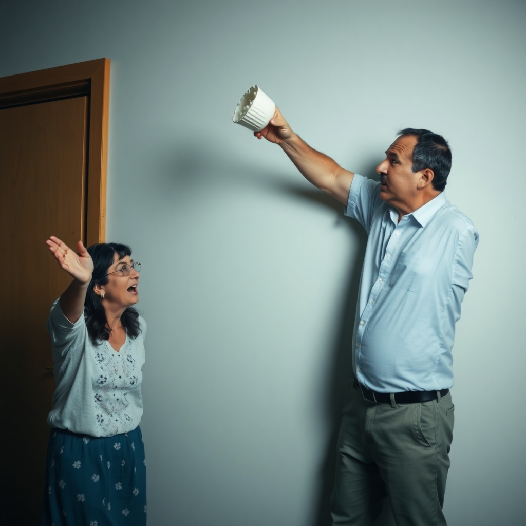 A white man throwing a rice cup at the wall, while his wife cowers in fear.