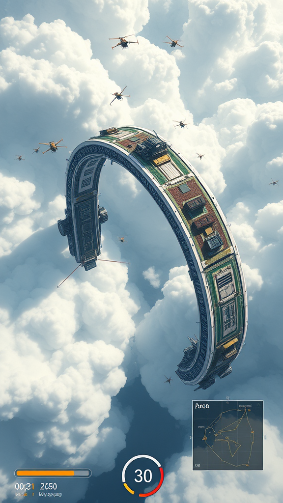 A top-down view of a massive flying arc traveling through a turbulent, cloud-filled sky. The arc’s surface is divided into distinct sections: resource-processing zones, energy-generating wind turbines, and residential areas. Tiny air drones buzz around, gathering resources from floating debris fields that the arc passes through. Players must manage power levels, displayed as a HUD at the bottom of the screen, balancing energy use between propulsion, shielding, and life support. The arc's trajectory is plotted on a minimap, showing the player's next destination. Sections of the arc flash red as they near critical energy levels, requiring the player to shift resources from non-essential areas. Flying scavenger drones can be deployed to gather resources or repair damaged areas.