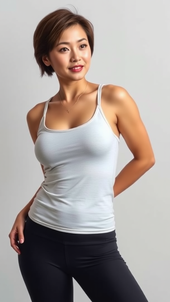 A beautiful Chinese woman, short hair, curvy figure, small breasts, yoga pants, tank top.