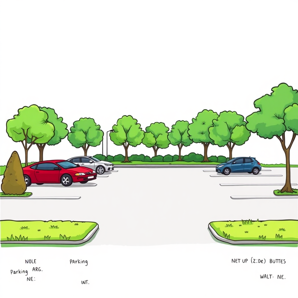 a small parking lot between borders, trees, lawn, colorful image long establishing shot, 2D, caricature, cartoon, Sketch lines, coloring book, coloring book style on white background, well composed, clean coloring book page, No dither, no gradient, strong outline, No fill, No solids, vector illustration, realistic proportions, left side view