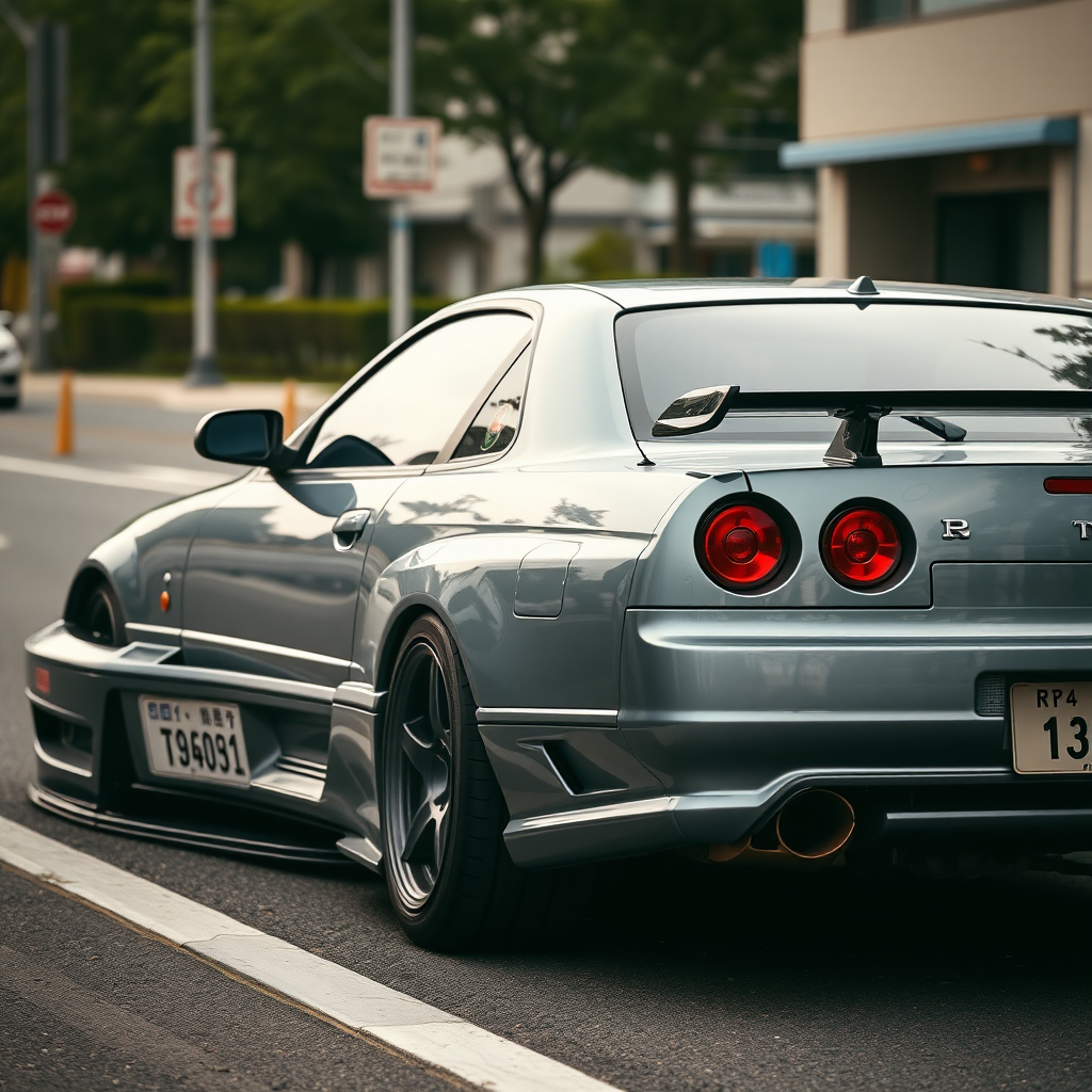 The car is parked on the side of the road, inspired by Taiyō Matsumoto, tumblr, restomod, nd4, c4 metallic shine gray black nissan skyline r34 tokyo gece cosplay kadınlar arkaplan hatasız tam eksiksiz ayrıntılı genel gerçek detaylar