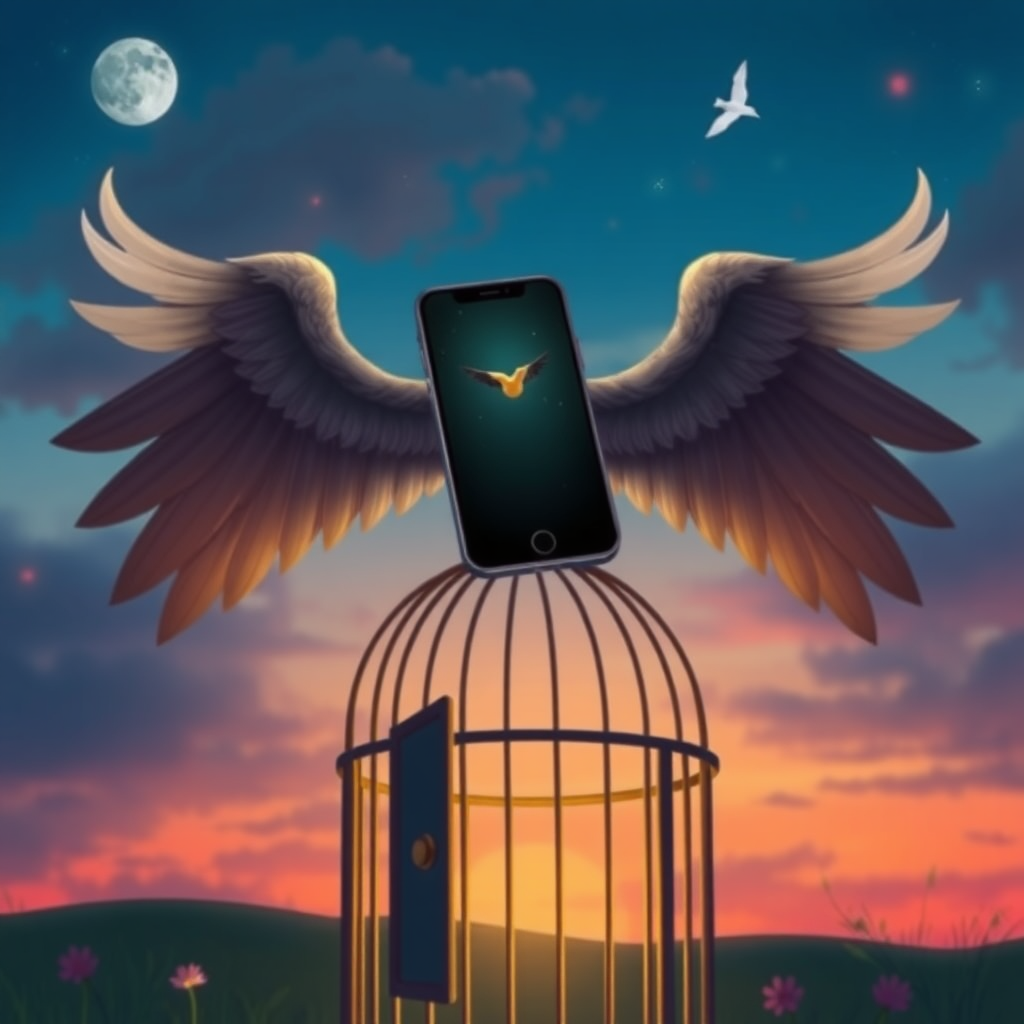 An iPhone with wings flying into a twilight sky above a bird cage with an open door, in the style of a professional children's illustration, lots of detail