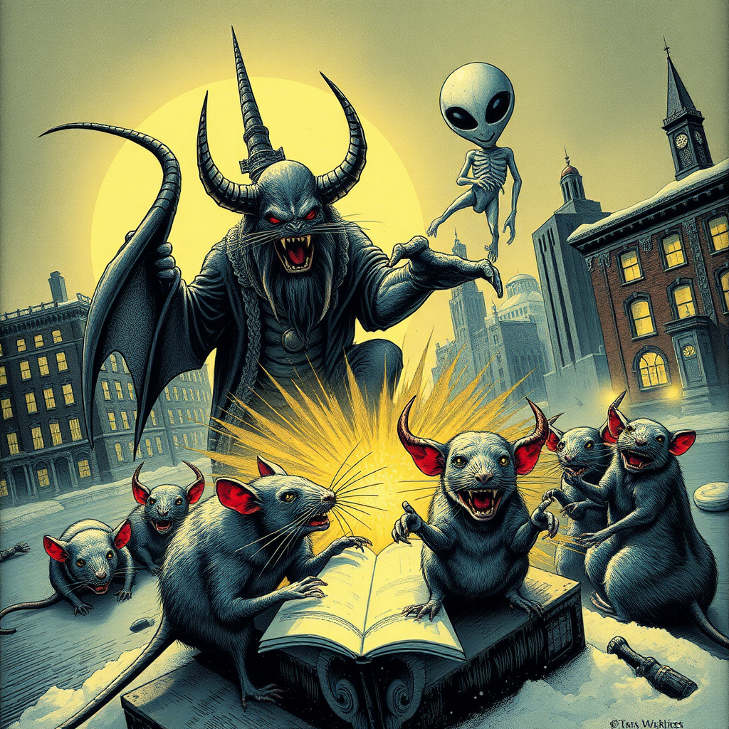 Demon rats invading Boston, Satan, blizzard, ancient aliens, conspiracy theories, cryptid, sinister, occult, occult grimoire illustration