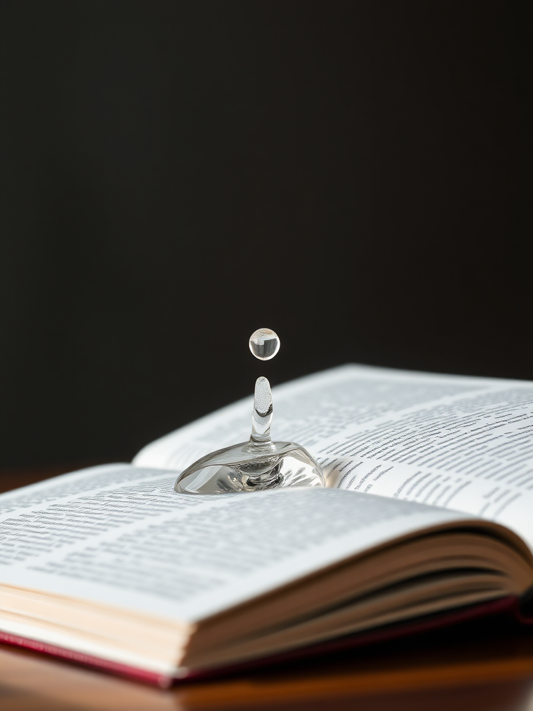 Create the following prototype: A large single drop of water rolls down a slanted book page.