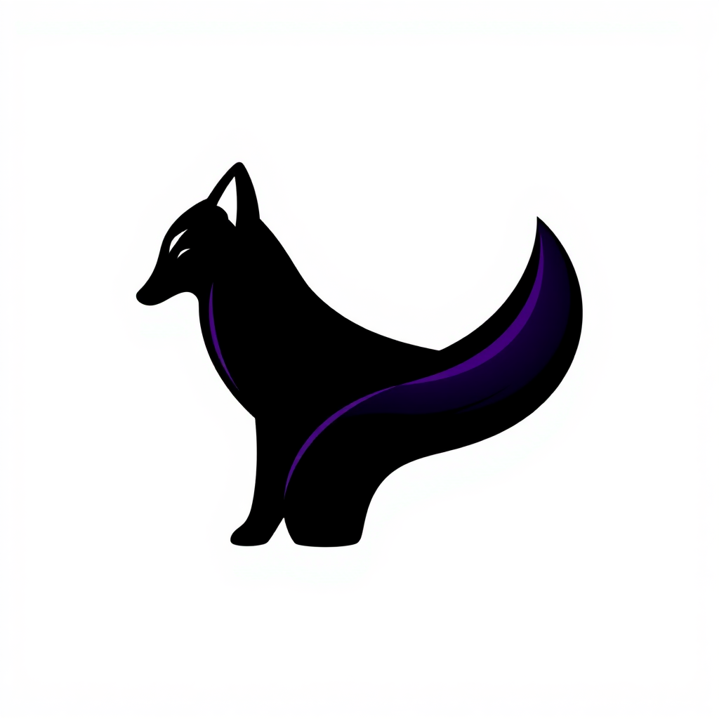 A minimalistic logo of a black fox with a deep purple stripe down its spine and tail.