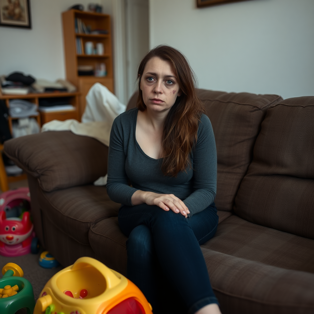 A photograph of a woman in her thirties sitting on a sofa, in an untidy living room. There are children's toys on the floor. She is looking sad. She has a prominent bruise on her cheek and eye.