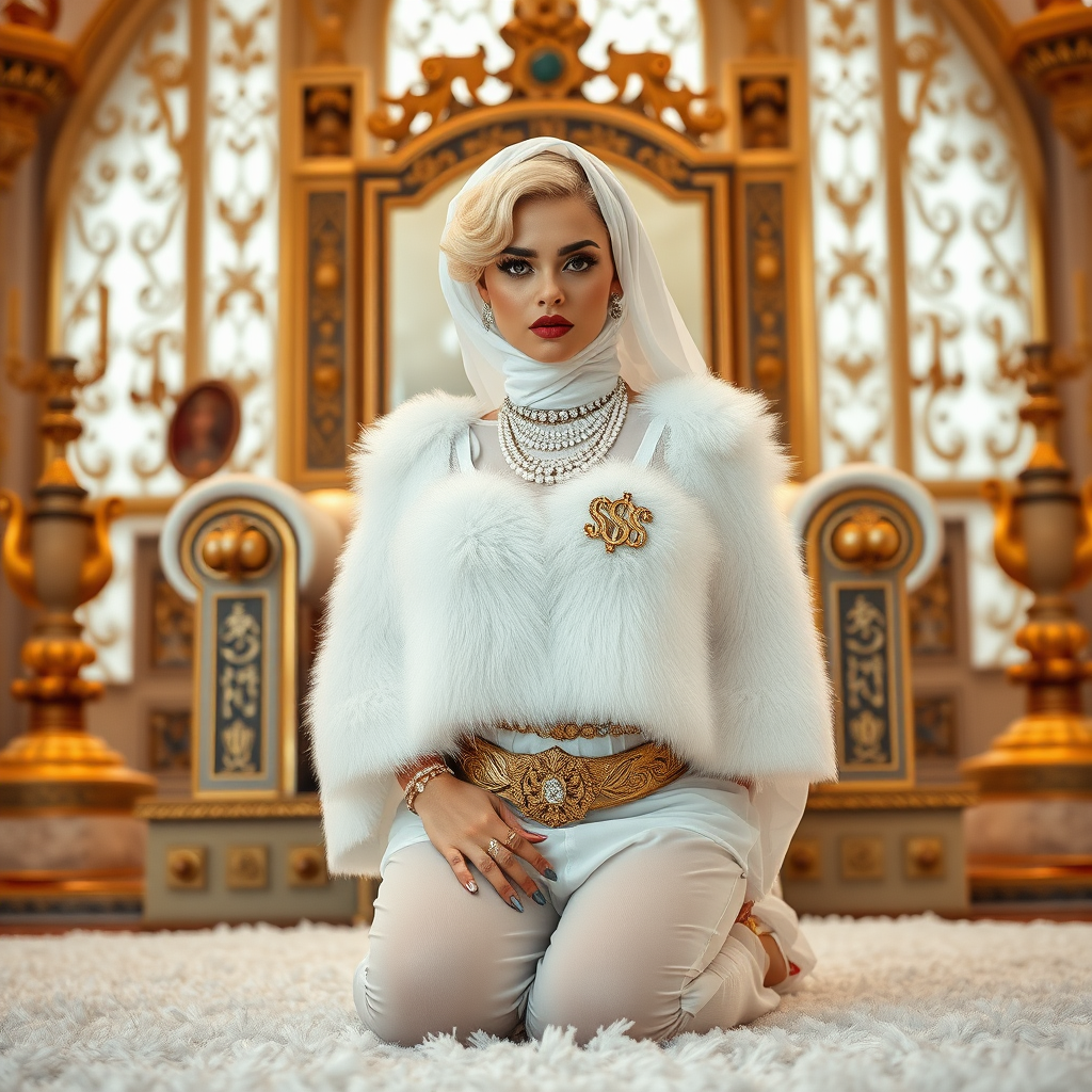 Kuwait desert palace throne room, old overweight mighty sheik sitting on throne. In front of throne, kneeling on white fluffy carpet: Melissa, European 17 years old very convincing femboy “trophy-bimbo”, tamed servile docile, rather short, by hormones very curvaceous womanly figured, platinum blond short tight curls, heavily made-up eyes, wearing Supertanya-style fluffy very fuzzy bright white angora turtleneck-poncho cropped ending under bust decorated with pearls and gemstones, striking oriental wide gold bridal protection belt, white fully transparent harem pants, full Oriental bridal jewelry, white sheer full Burka, coin anklets, striking diamond “$$$” letter brooch on left chest, pout frustrated, hands tied behind back, looking at camera. Focus on face and turtleneck-poncho.