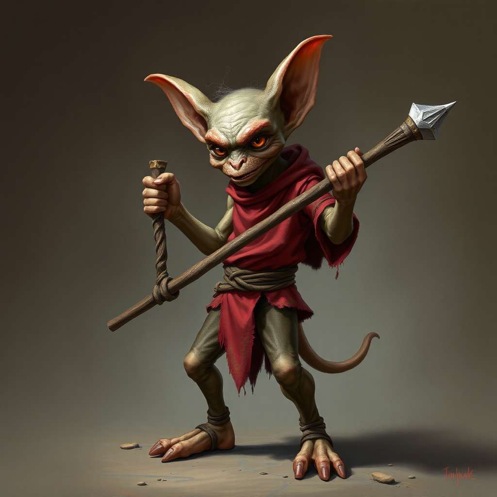 A small, skinny kobold in a tattered red tunic and dirty brown pants holding a quarterstaff in a threatening manner