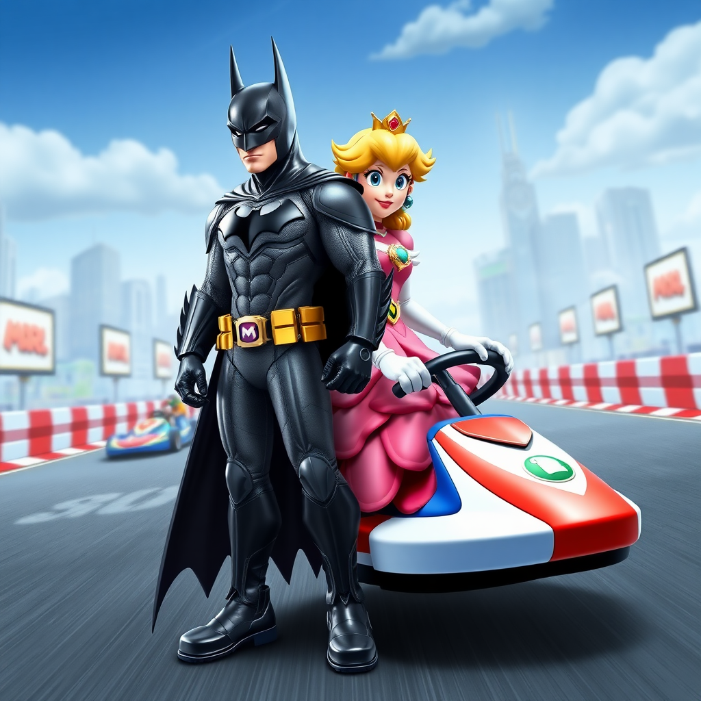 Generate a full-length image of Batman with the body traits of Peach from Mario Kart. Modify the shape of Batman's body to match Peach's, including her height, build, and posture. Retain Batman's core costume elements, such as his cowl, cape, and utility belt, but incorporate embellishments and design elements from Peach's outfit, such as her crown, gloves, and dress. Set the character in an appropriate background that reflects both the Batman and Mario Kart universes, such as a Gotham City race track with Mario Kart power-ups and obstacles. The image should be detailed, colorful, and visually striking.