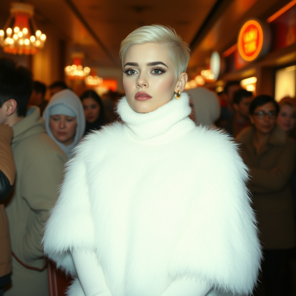 1990 winter evening, crowded cinema lobby: Sam, 19 years old beautiful involuntary femboy, rebellious intractable character, petite boyish figure, platinum blond boyish rebel punk hairstyle, flawless heavily made-up face with sharp arched tattooed eyebrows, wearing Supertanya-style fluffy very fuzzy bright white angora long turtleneck-poncho fully covering body and arms, black leather high-heeled thigh-high boots, gold earrings, puzzled alarmed, pout serious, impatiently waiting for her master. Focus on Sam’s face and turtleneck-poncho.