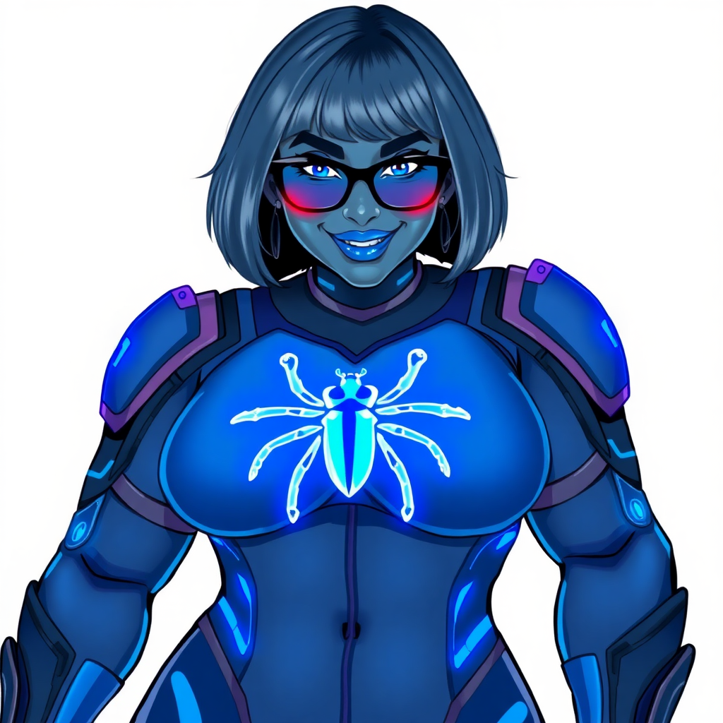 A 28-year-old, full-figured, middle gray metal skinned computer program-human hybrid with a maximum blue bob cut. She is the digital sidekick, computer hacker, and nerdy girlfriend of her cyberpunk vigilante boyfriend. Her middle gray metallic skin, distinct from any other character, highlights her digital nature. She wears maximum blue lipstick and has bright blue eyes. Her outfit includes a maximum blue full bodysuit with neon blue glowing beetle-themed accents completed by a neon blue glowing chest icon of a beetle. Black eyeglasses accentuate her nerdiness, and she has a lovestruck smile with neon red blush. Her full figure, including a prominent, gargantuan, round midsection (with the full emphasis on her gargantuan belly), gigantic limbs, and broad shoulders, reflects the doting care of her vigilante boyfriend. The background is solid white. She is drawn as if she was in a retro 2D cyberpunk fighting game. Ensure her bodysuit covers all her bare skin (especially her round gargantuan belly). Her bodysuit is influenced by DC's superheroine Jennifer Knight Phantom Lady but remains distinct.