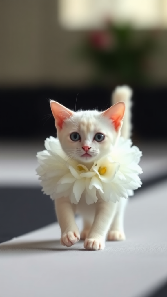 A little white cat walking on two paws, wearing a white real flower frock and doing a ramp walk.