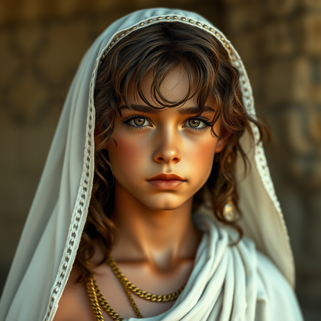 A beautiful ancient Babylonian teen boy, long hairs, long eyelashes, bridal vail. photorealistic, ultra high resolution, 16K.