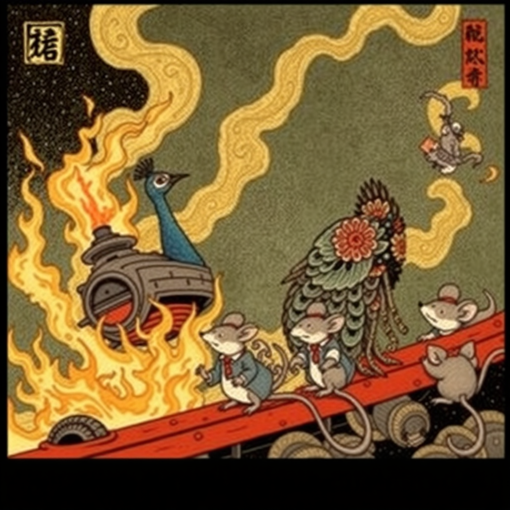 A tattooed peacock saving well-dressed rats from a burning spaceship, Chinese woodcut,