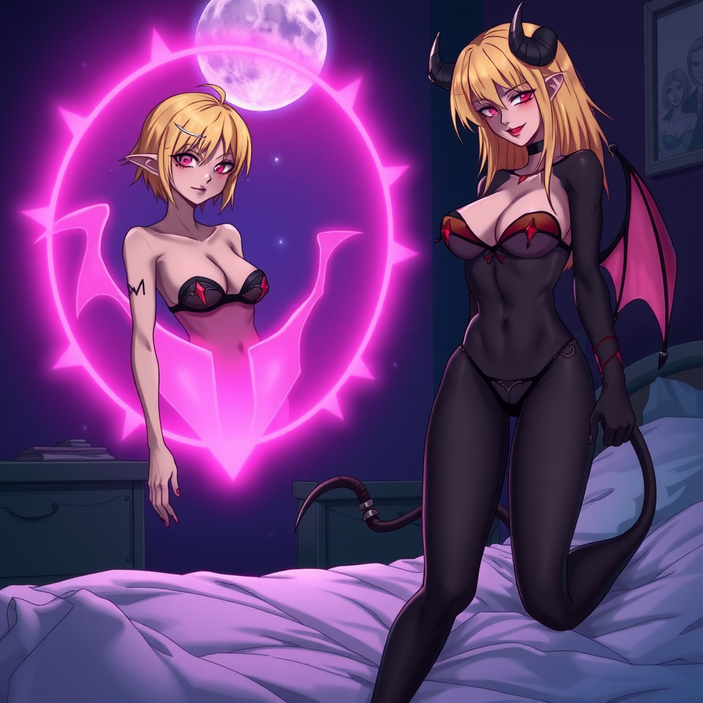 Anime, bedroom background at night, 2 mischievous tall-slender demon women right next to you, short blond hair, wearing sexy-micro bikini-bra-like clothing, 1 of them has long-blond hair and is wearing no bra but-red-gem tit covering her naked breast, red-lips, g-string, Womb tattoo on belly, mischievous smile, large breasts, full body, long legs, near them is a vulva-shaped pink portal