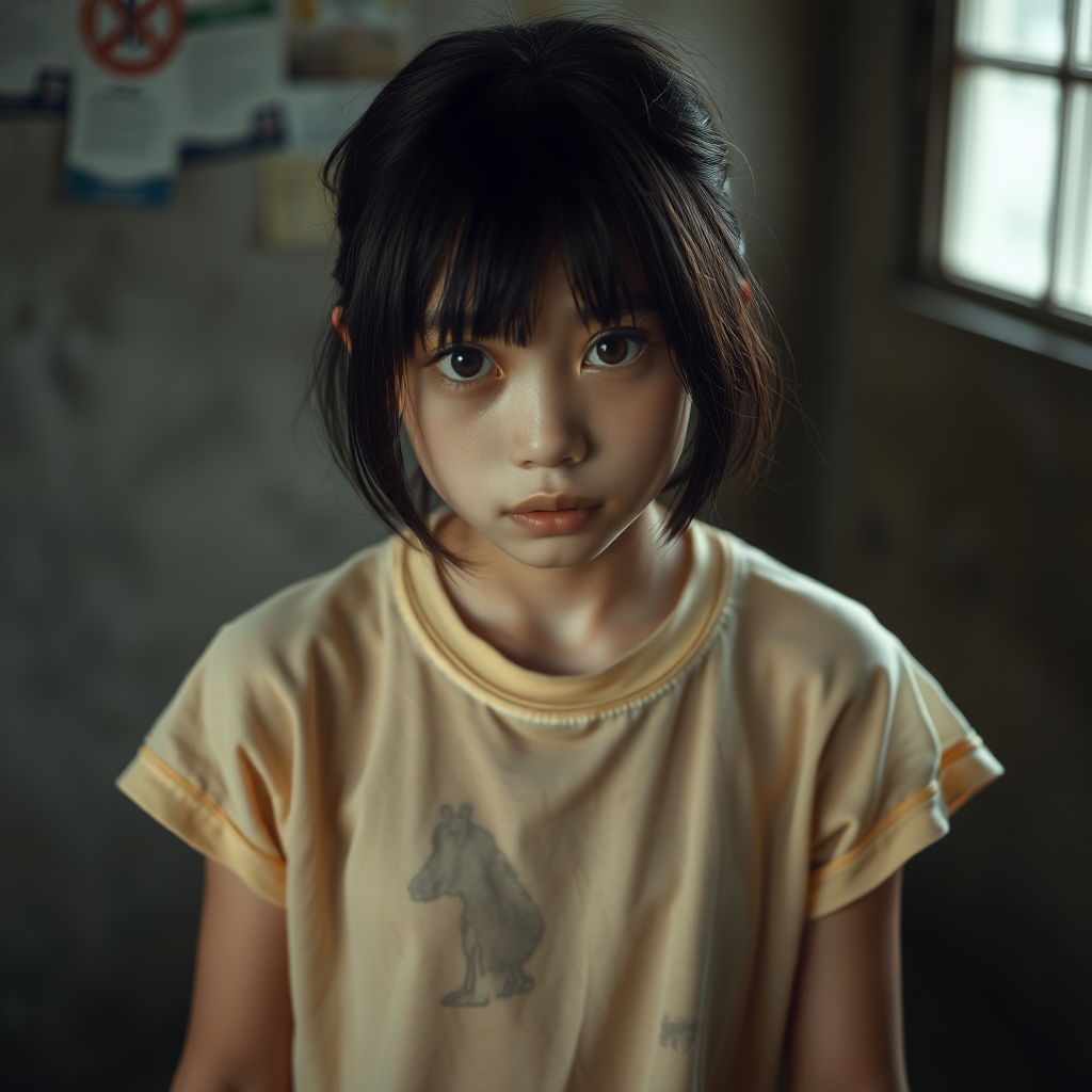 A homeless and sad and mystery and surreal Asian girl in a very old transparent T-shirt, with black hair and black eyes, is looking without hope in her eyes and a little bit crying.