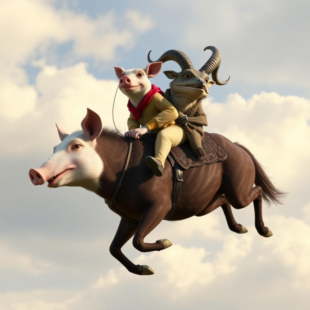 photorealistic image of two animals. The first animal is like a pig, but its slim and has legs like an eagle. The second animal is like a toad but its slim and has horns like a wild sheep (mouflon). The second animal also has teeth in his mouth. The first animal has a saddle and is galloping in the sky. The second animal rides the first animal. The first animal smiles stupidely.