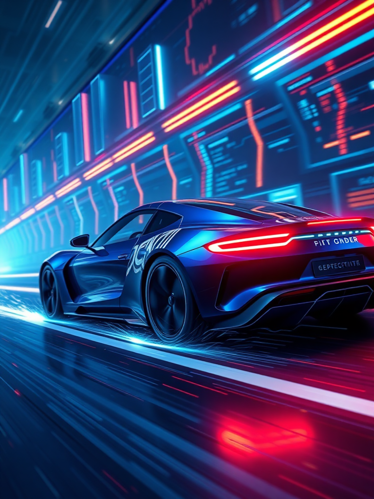 Please render the electric car racing in cyberspace in a realistic 3D manner. Make the background cyber-like and express it with a sense of speed with the "electric sparks". Make the overall color dark blue and draw it with a neon sign feel.