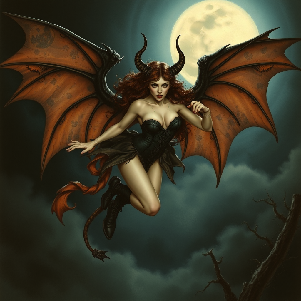 A beautiful winged succubus staring wickedly her outfit is designed to entice. She's flying high in a dark, moonlit sky. The scene is dark and spooky with the art styling of Brian Froud. Cosplayed by a young Drew Barrymore.